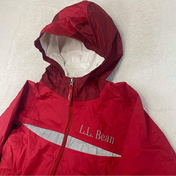 LL Bean Rain Jacket Youth Size Medium 10/12 Red Reflective Hooded Coat Nylon - Picture 6 of 16